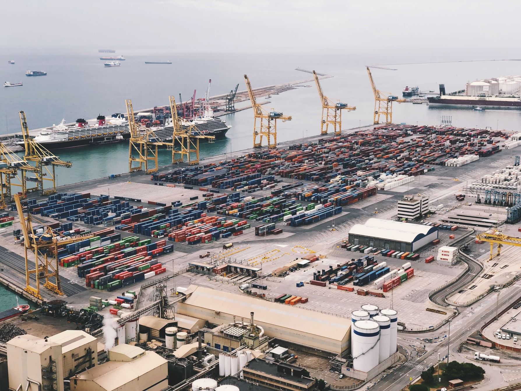 Aerial view of a busy container shipping port used for copper exports